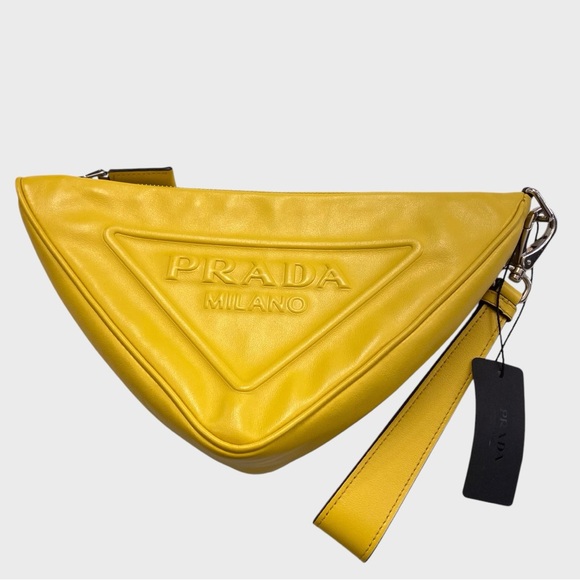 PRADA NWT Yellow Grace Leather Triangle Wristlet Pouch Detachable Strap - Picture 1 of 16